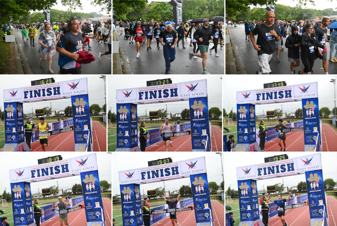 A multi-panel image shows runners approaching and crossing a blue and white finish line arch.